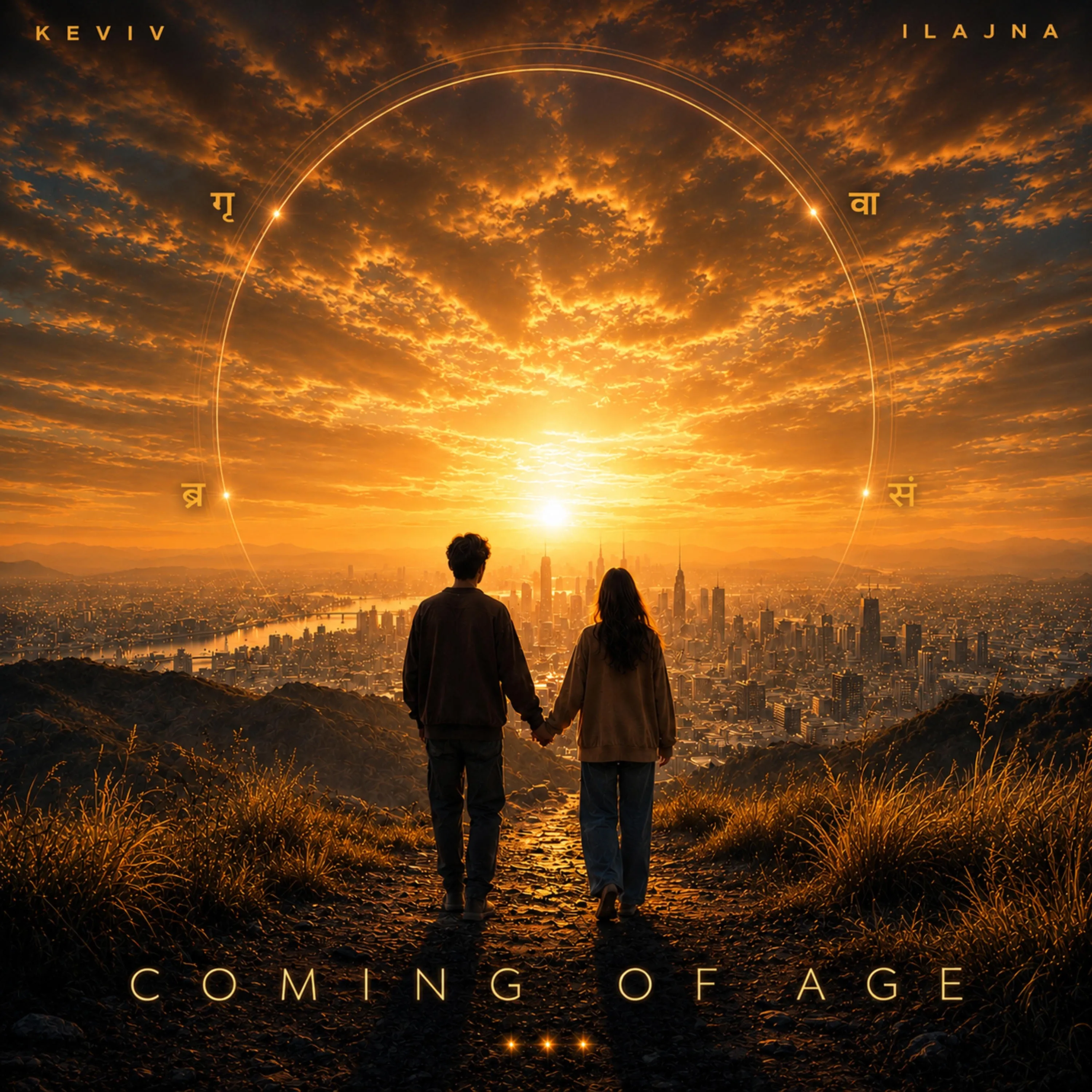 Coming of Age... album artwork: two figures standing together in silhouette before a wide sunrise over a distant city, framed by a faint circular arc.