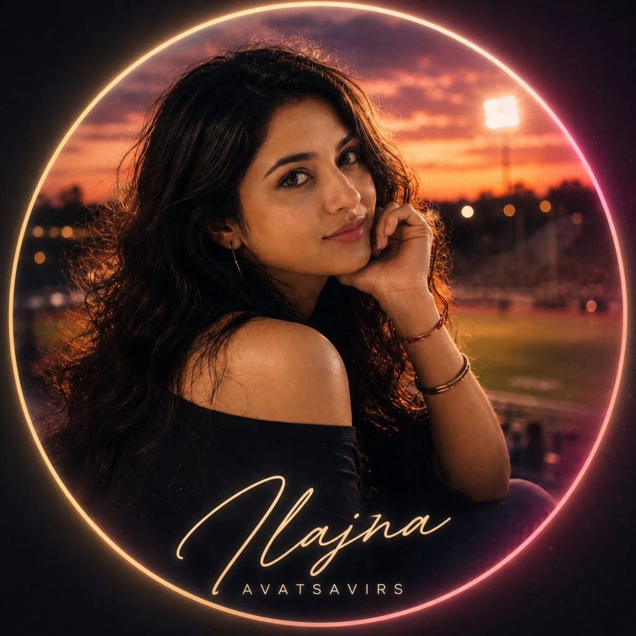 Portrait artwork of Ilajna Avatsavirs framed by a glowing ring, with sunset and stadium lights behind her.