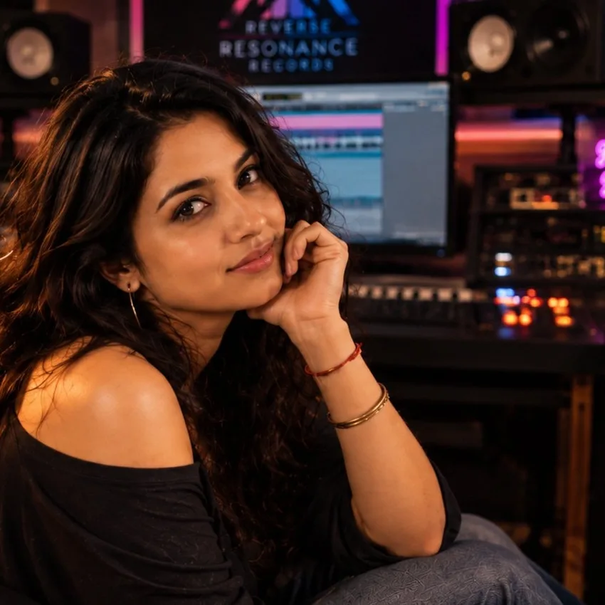 Studio portrait artwork of Ilajna Avatsavirs resting her chin on her hand, with a mixing desk and speakers behind her.